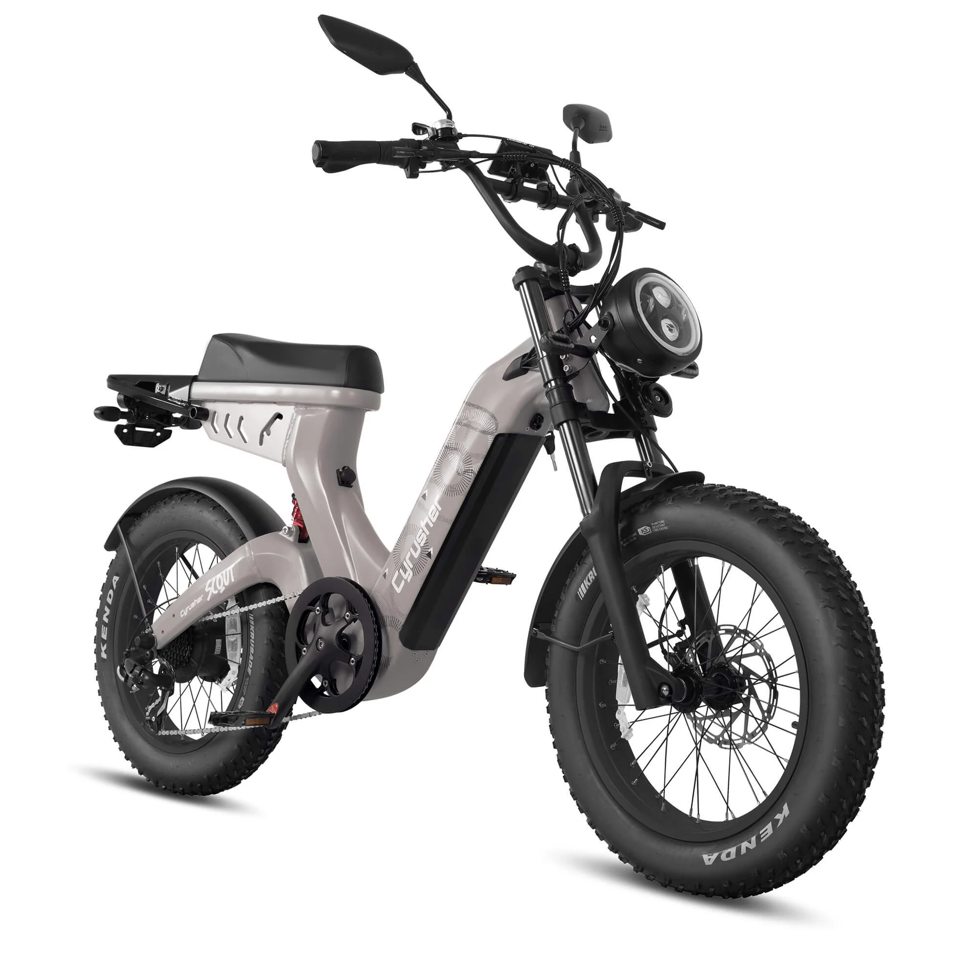 Cyrusher Scout celoodpružené elektrokolo Fatbike ve stylu mopedu do města i do terénu šedé