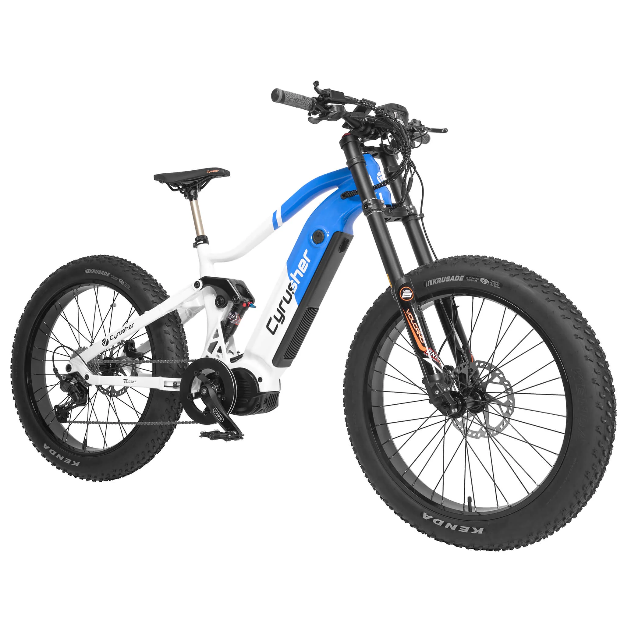 Cyrusher Trident celoodpružené horské elektrokolo Fatbike se středním pohonem modré