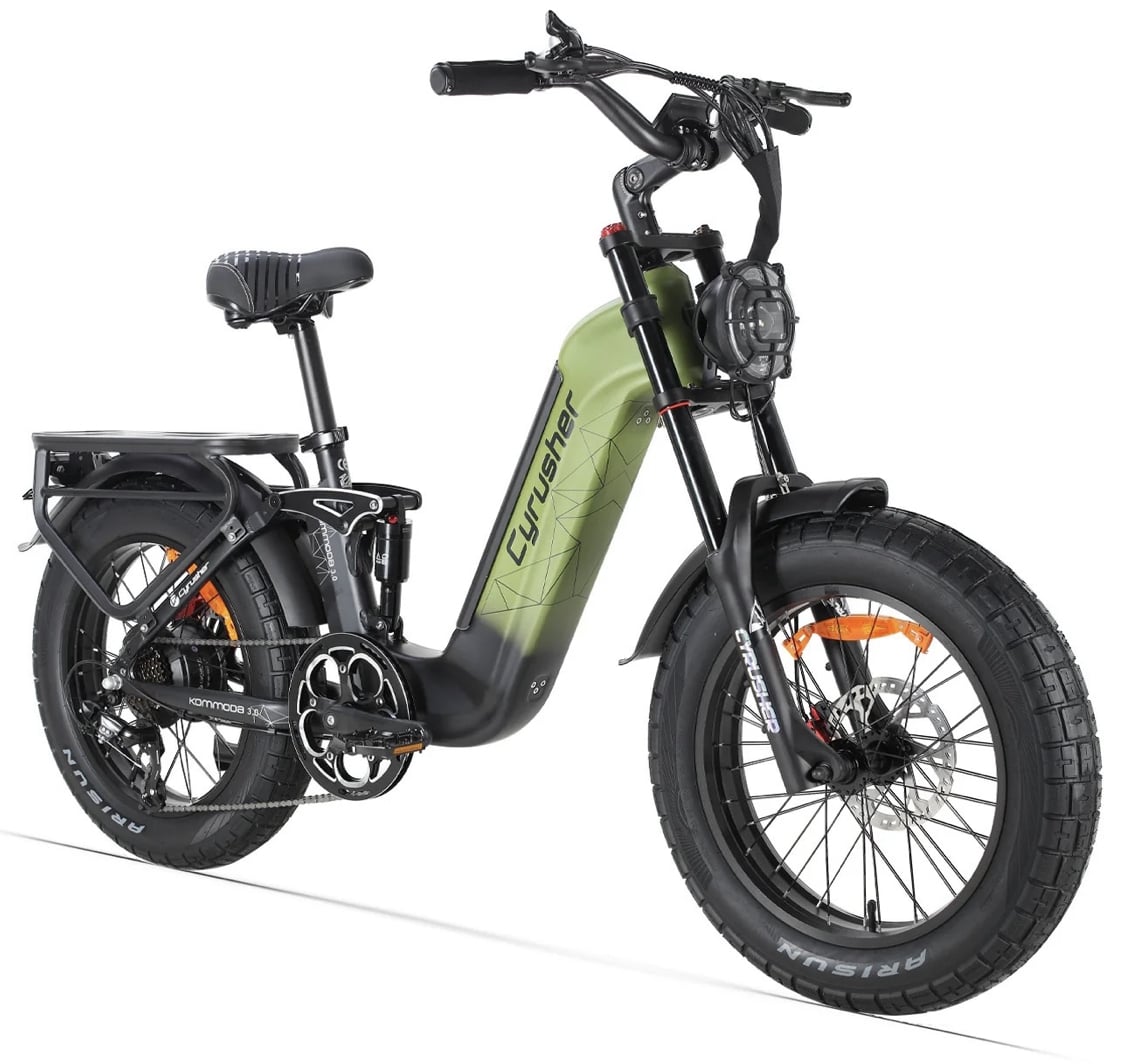 Cyrusher Kommoda 3.0 celoodpružené elektrokolo Fatbike s nízkým rámem do města i do terénu zelené