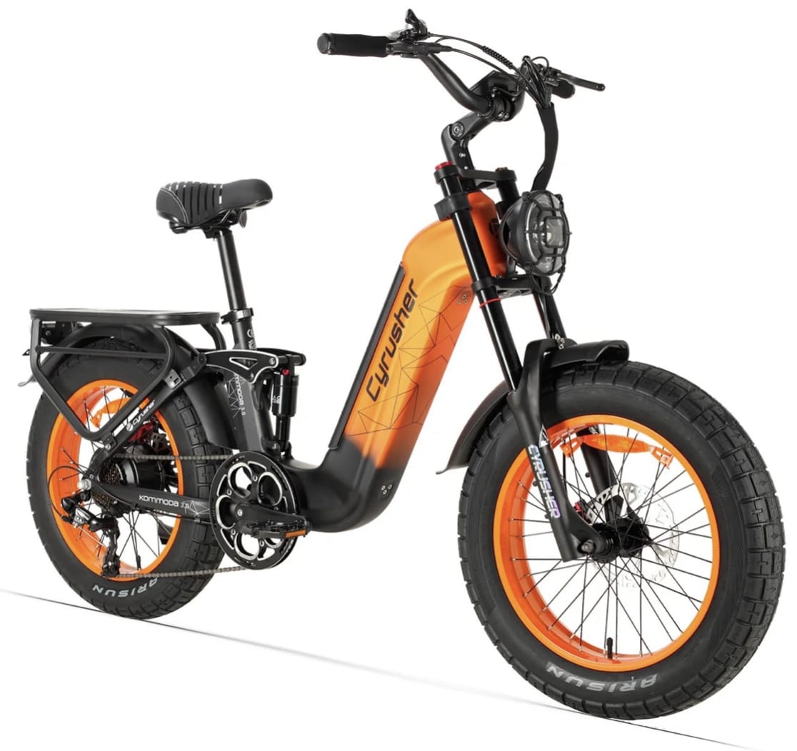 Cyrusher Kommoda 3.0 celoodpružené elektrokolo Fatbike s nízkým rámem do města i do terénu oranžové