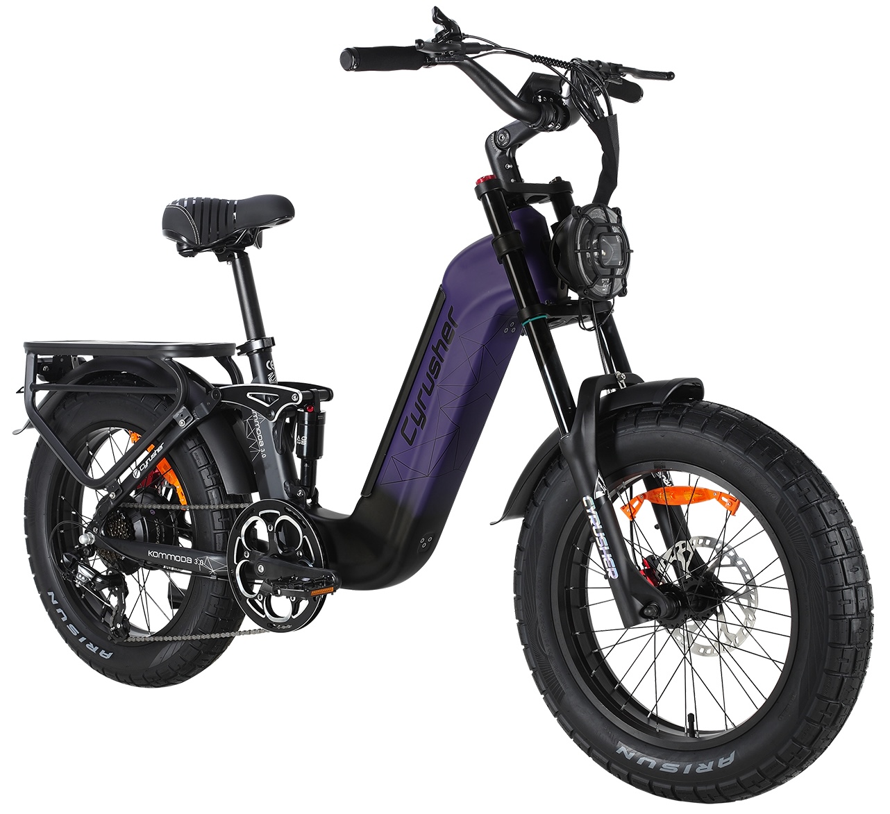 Cyrusher Kommoda 3.0 celoodpružené elektrokolo Fatbike s nízkým rámem do města i do terénu Fialové