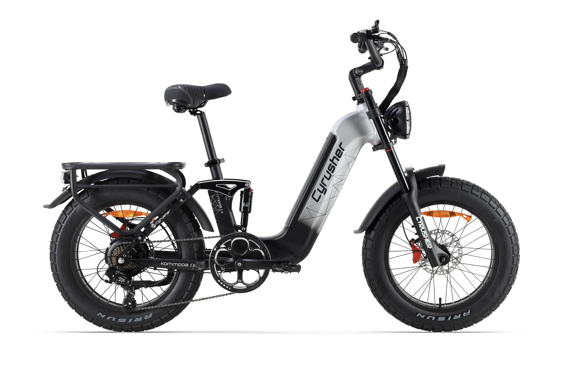 Cyrusher Kommoda 3.0 celoodpružené elektrokolo Fatbike s nízkým rámem do města i do terénu šedé