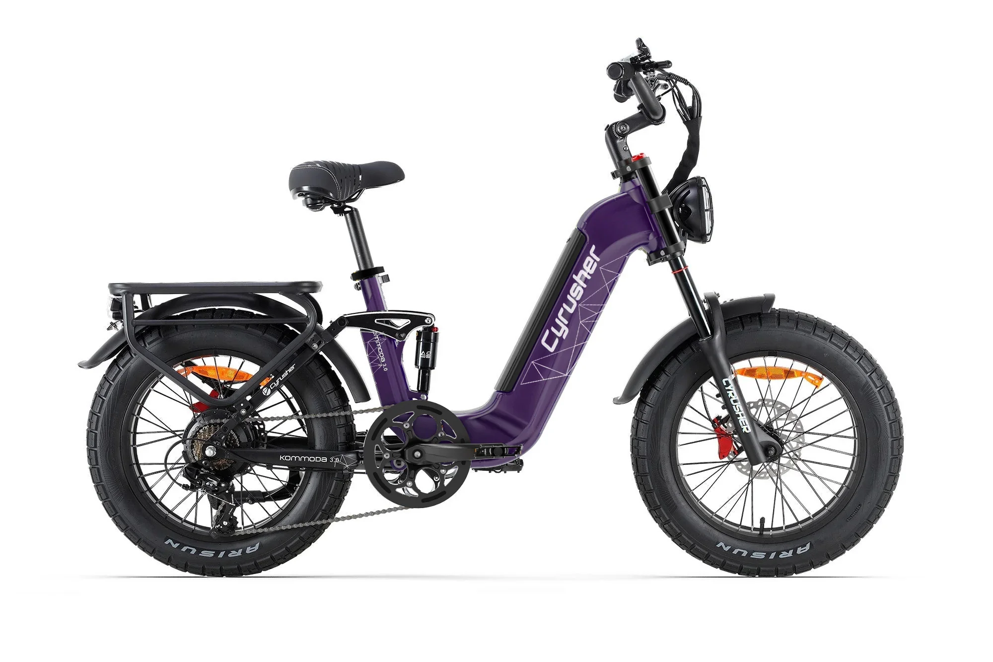 Cyrusher Kommoda 3.0 celoodpružené elektrokolo Fatbike s nízkým rámem do města i do terénu Fialové